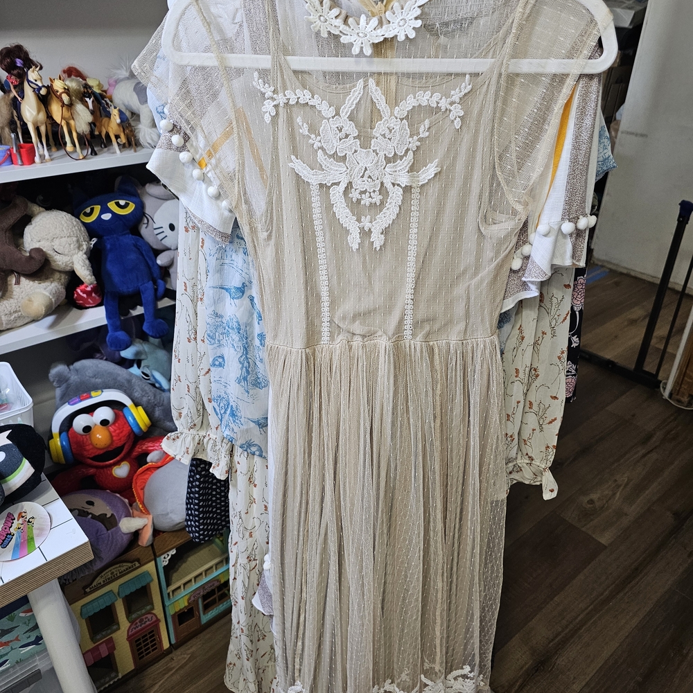 Joyfolie Cream Dress with Embroidered Accents